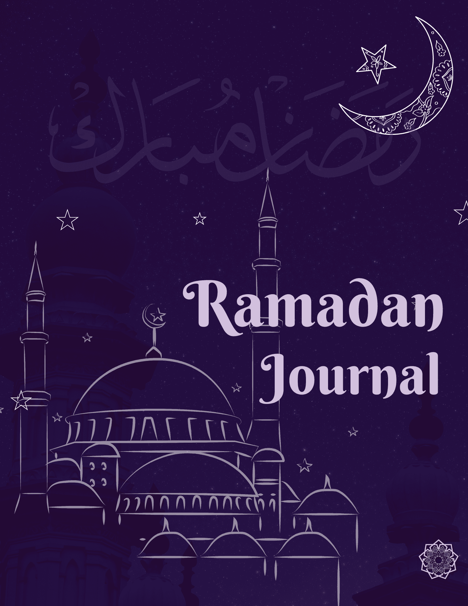 Ramadan Journal cover design with Islamic patterns and daily reflection prompts