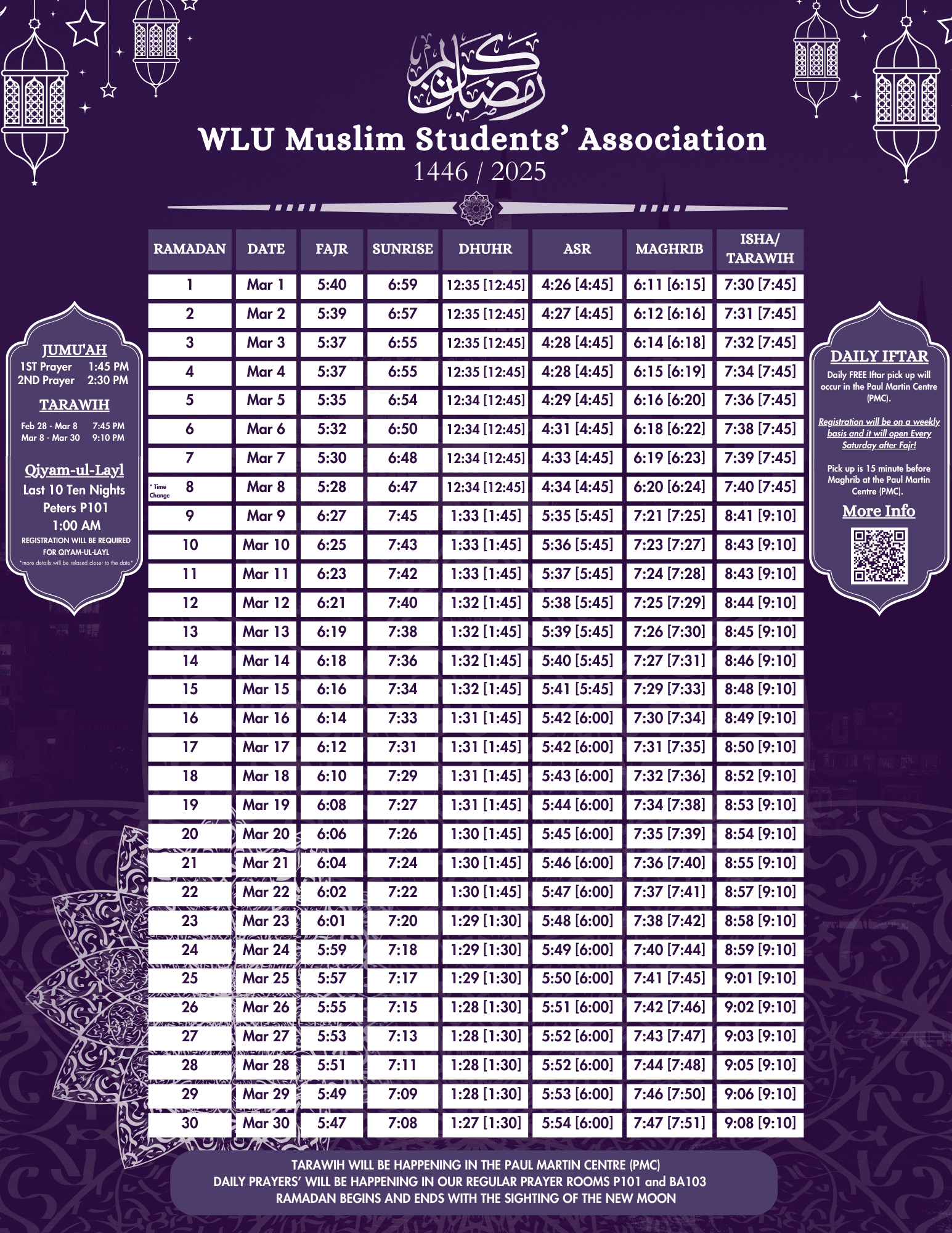 Ramadan 2025 prayer schedule showing daily Fajr, Maghrib, and Taraweeh times